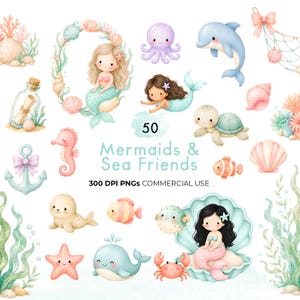 Puede incluir: Una colección de ilustraciones en acuarela que presenta sirenas, un delfín, un pulpo, una tortuga marina, un caballito de mar, una foca, una ballena, un cangrejo, peces, conchas, coral, un ancla y una red con el texto 50 Mermaids & Sea Friends 300 DPI PNGs COMMERCIAL USE.