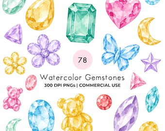 Paquete de imágenes prediseñadas de piedras preciosas en acuarela, diamantes de imitación PNG, cristal brillante, estilo Y2K, Bedazzlecore, joyas, gemas, uso comercial