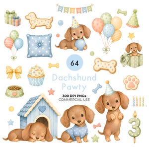 Paquete de imágenes prediseñadas para fiestas de perros salchicha, Let's Pawty PNG, Lindo perro salchicha, Perro salchicha en acuarela PNG, Fiesta de perros, Cumpleaños de perros, uso comercial