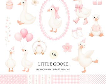 May include: A digital clipart collection featuring white geese with orange beaks and feet, accented with pink bows, party hats, and boots. Includes pink balloons, a cupcake, a gift box, floral elements, and patterned backgrounds with the text LITTLE GOOSE.