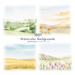 May include: A collection of four watercolor landscape illustrations featuring rolling green hills with vineyards, a sunset over sunflowers, a golden wheat field under a blue sky, and a field of pink and orange tulips with the text 100+ Watercolor Backgrounds.