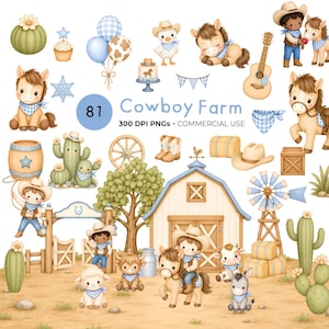 Pacchetto di clipart PNG "Piccolo Cowboy", simpatici animali da fattoria, baby shower a tema western, cameretta a tema selvaggio West, cactus, primo rodeo, uso commerciale