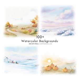 Puede incluir: Una colección de fondos de acuarela con cuatro escenas distintas: un camino otoñal sinuoso, un paisaje nevado, un pueblo invernal y tres calabazas al atardecer. El texto 100+ Watercolor Backgrounds 300 DPI PNGs | COMMERCIAL USE está centrado.