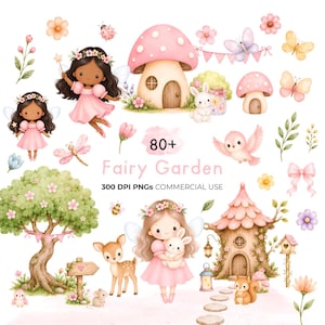 Op de afbeelding: Een digitale collectie aquarellillustraties met fee&euml;n in roze jurken, een paddenstoelhuis, een boom, een hert, een eekhoorn, een konijn, vlinders, bloemen en een vogel. De tekst luidt 80+ Fairy Garden 300 DPI PNGs COMMERCIAL USE.