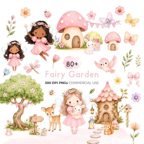 Fairy Garden Clipart, Enchanted Forest Nursery, Magical Fairy PNG Bundle, watercolor fairy, Cute Garden  Animals, commercial use, Whimsical