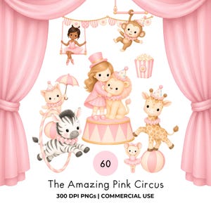 Op de afbeelding: Een digitale illustratieset getiteld The Amazing Pink Circus met 60 elementen, waaronder een meisje met een leeuw, een zebra die door een hoepel springt, een giraf op een bal, een aap aan een trapeze, een kat met een paraplu en een bakje popcorn.