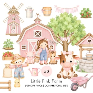 Pode incluir: Uma coleção de ilustrações em aquarela com tema de fazenda, incluindo um celeiro rosa, um moinho de vento, uma vaca, um porco, um espantalho, uma criança com um ancinho, uma árvore, um poço, um carrinho de mão e morangos com o texto Little Pink Farm.