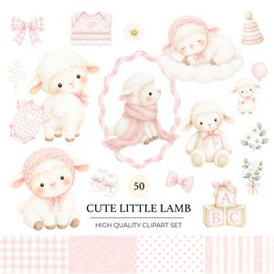 May include: A digital clipart set featuring illustrations of lambs, baby clothing, bows, flowers, and alphabet blocks in shades of pink and white. The text reads 50 CUTE LITTLE LAMB HIGH QUALITY CLIPART SET, accompanied by various patterns including gingham, polka dots, and stripes.
