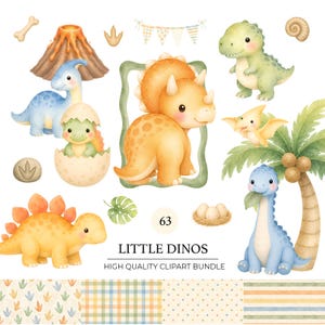 May include: A digital clipart collection featuring watercolour illustrations of various dinosaurs, a volcano, a palm tree, eggs, and patterns. The text reads LITTLE DINOS HIGH QUALITY CLIPART BUNDLE and the number 63. The dinosaurs are depicted in soft pastel colours including blue, green, and orange.