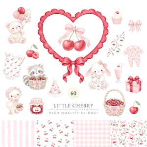 May include: A digital clipart collection featuring a central heart-shaped frame with cherries and bows, surrounded by illustrations of a teddy bear, raccoon, bunny, duck, cherry-patterned clothing, gift boxes, baskets, and cherry-themed patterns.