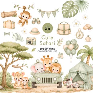 May include: A digital collection of 56 watercolour safari-themed illustrations featuring a monkey, giraffe, elephant, lion, zebra, and meerkat. Includes a green jeep, tent, binoculars, camera, suitcase, compass, bunting, and tropical foliage elements.
