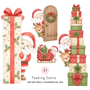 May include: A collection of watercolor illustrations featuring Santa Claus and reindeer with gift boxes, a wooden door with a wreath, and a sleigh. The text reads 31 Peeking Santa 300 DPI PNGs | COMMERCIAL USE. The color palette includes red, green, and cream.