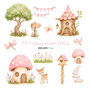 Op de afbeelding: Een verzameling aquarelillustraties met een boom, boomhut, paddenstoelhuis, hert, vogel, libel, vlinder, vogelhuisje, vlaggetjes, wegwijzer, bloemen en stapstenen met de tekst 75 Transparent PNGs 300 DPI Files.
