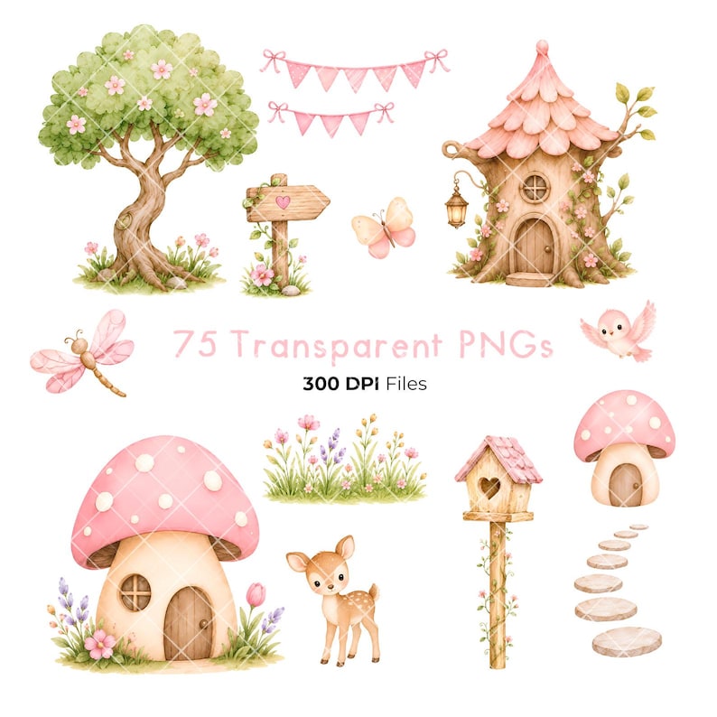 Op de afbeelding: Een verzameling aquarelillustraties met een boom, boomhut, paddenstoelhuis, hert, vogel, libel, vlinder, vogelhuisje, vlaggetjes, wegwijzer, bloemen en stapstenen met de tekst 75 Transparent PNGs 300 DPI Files.