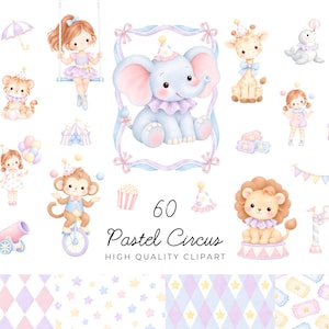 May include: A collection of watercolour illustrations featuring circus-themed elements including a baby elephant, a lion, a monkey on a unicycle, a giraffe, a seal, children, a cannon, popcorn, and patterned backgrounds with the text 60 Pastel Circus.