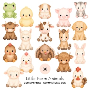 Puede incluir: Una colección de 30 ilustraciones digitales que muestran varios animales de granja, incluyendo una rana, pollito, cobaya, lechón, zarigüeya, ternero, alpaca, potro, cachorro, pollo, pavo, vaca, conejo, cordero y gallo con el texto Little Farm Animals.