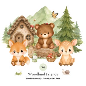 Może przedstawiać: Akwarelowa ilustracja przedstawiająca brązowego niedźwiedzia, lisa i jelenia siedzących obok drewnianej chatki, sosny, latarni, koszyka z grzybami, motyla, ślimaka i konika polnego, z napisem 56 Woodland Friends 300 DPI PNGs.