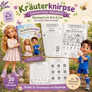 Sommer-Rätselheft Kinder ca. 4-7 Jahre · PDF Druckbar · 22 Seiten mit Aria & Lino · Pflanzen Lieder Beschäftigung Ferien Kräuterknirpse