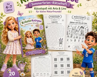 Libro di puzzle estivo per bambini (4-7 anni circa) · PDF stampabile · 22 pagine con Aria e Lino · Piante, canzoni, attività, erbe aromatiche per le feste