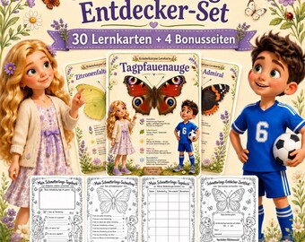 Schede didattiche sulle farfalle per bambini · 30 schede stampabili + libretto di attività · Scuola dell'infanzia/Scuola primaria · Download PDF · Nature Explorers · Aria & Lino