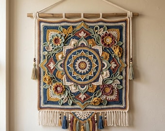 Boho Crochet Mandala Wall Hanging Pattern, Floral Tapestry PDF (18x20 inches)
