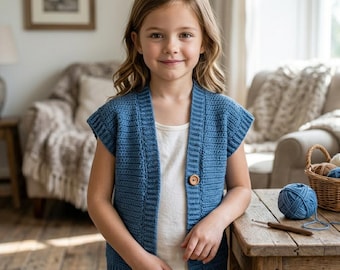 Girls Ribbed Crochet Vest Pattern, Sleeveless Cardigan Tutorial (PDF)