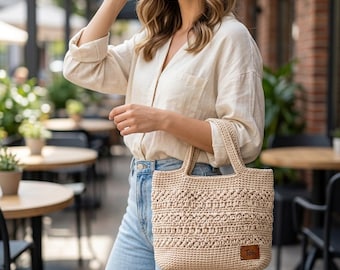 Structured Crochet Tote Bag Pattern, Textured Macrame Cord Purse Tutorial (PDF)