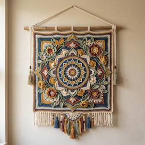 Patrón de tapiz de pared estilo mandala de ganchillo estilo boho, tapiz floral en PDF (45 x 50 cm)
