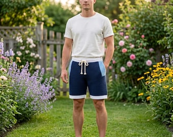 Men's Textured Crochet Shorts Pattern, Casual Drawstring Design (PDF Download)