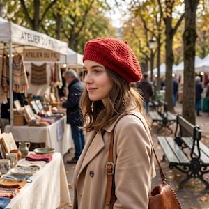Puede incluir: Una mujer con un gorro de punto rojo y un abrigo beige. El gorro es de un rojo vibrante y parece estar hecho de un hilo suave y texturizado. El abrigo es de color beige neutro. El fondo muestra un mercado con varios artículos hechos a mano.