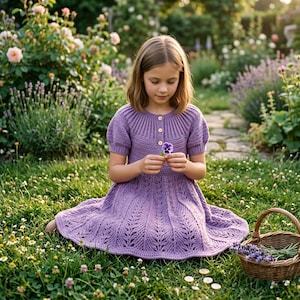 May include: A young person wearing a lilac crochet dress with short sleeves and a button-down front, holding a purple flower. The dress features a detailed leaf-like pattern on the skirt. A woven basket with lavender sits nearby in a garden setting.