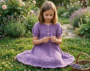 Crochet Baby Dress Pattern PDF, Textured Leaf Lace, Puff Sleeve, Ribbed Yoke (US Terms)