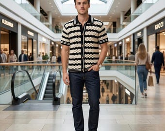 Crochet Shirt Pattern for Men PDF, Granny Stripe Button Up, Vintage Style Crochet Top, DIY Clothing Pattern, Modern Crochet Clothing Pattern