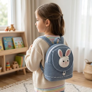 May include: A blue crocheted backpack featuring a circular front flap with a three-dimensional white and pink rabbit face appliqué. The backpack has a white zipper closure, a small top handle, and adjustable shoulder straps, all crafted from yarn.