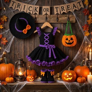 May include: A black and purple crocheted dress with a matching witch hat, pumpkin-shaped treat bag, and small boots. The set is displayed against a wooden background with a banner reading TRICK OR TREAT, surrounded by pumpkins and a lantern.