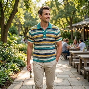 May include: A short-sleeved polo shirt with a crochet design. The shirt features horizontal stripes in teal, navy, yellow, and white. The collar is teal, and the shirt has a three-button placket. The person is wearing khaki pants and holding sunglasses.