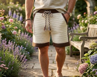 Crochet Shorts Pattern, Textured Pockets, Contrast Border Drawstring (PDF Download)