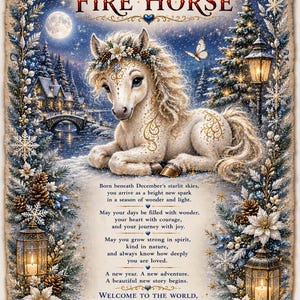 May include: A decorative scroll print featuring a white horse with gold accents, surrounded by winter scenery, pine cones, and lanterns. The text reads Welcome, Little December Fire Horse, includes a poem, and blank lines for name, date, time, and weight.
