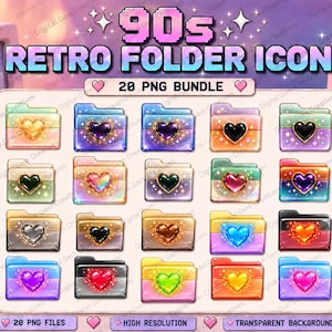 May include: A digital bundle of 20 folder icons featuring a 90s retro aesthetic. Each icon displays a colorful folder with a central heart graphic, accented by sparkles. The text 90s RETRO FOLDER ICON 20 PNG BUNDLE is displayed at the top of the image.