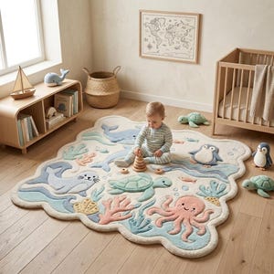 Puede incluir: Una alfombra de forma irregular con un fondo claro e ilustraciones con relieve de vida marina, incluyendo una foca, un pulpo, una tortuga marina, una ballena y un pingüino en tonos pastel suaves de azul, rosa y verde sobre un suelo de madera.