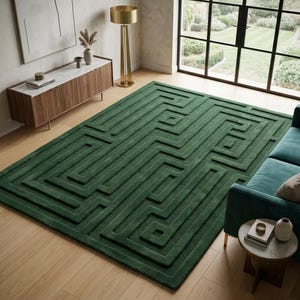 Green Geometric Maze Rug, Modern Hand Tufted Wool Area Rug, Luxury Living Room Bedroom Decor, 5x8 6x9 8x10, Custom Size Available