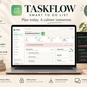 Pode incluir: Uma aplicação HTML digital intitulada Taskflow Smart To Do List exibida no ecrã de um portátil. A interface mostra um painel com tarefas diárias, informações sobre o progresso e um modo claro. Uma versão em modo escuro é visível num tablet.
