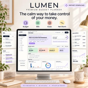 May include: A computer monitor displaying the Lumen premium budget planner interface with financial overview, monthly snapshot, and spending charts. The screen shows text including Budget, Bills, Goals, Net Worth, and the phrase The calm way to take control of your money.