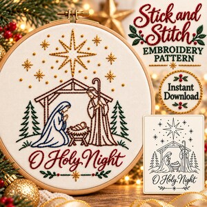 May include: A round wooden embroidery hoop containing a white fabric panel with a stitched nativity scene featuring a stable, a star, and the text O Holy Night. A matching printed paper pattern card is included with the same design.