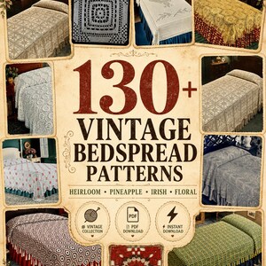Paquete de más de 130 patrones de colchas de ganchillo vintage en formato PDF / Colcha tradicional, piña, estilo irlandés, floral, cuadrado de la abuela (descarga instantánea)