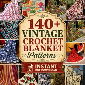 May include: A digital graphic featuring the text 140+ VINTAGE CROCHET BLANKET Patterns and PDF INSTANT DOWNLOAD, surrounded by a collage of various colorful crocheted blankets in floral, geometric, and striped designs with diverse textures.