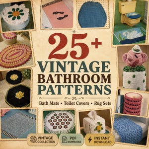 30 patrones de ganchillo vintage para baño en formato PDF: alfombrillas de baño, fundas para asientos de inodoro, fundas para cajas de pañuelos, juego de alfombras. Descarga instantánea.