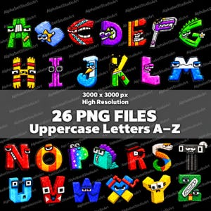 May include: A collection of 26 digital PNG files featuring uppercase letters A through Z, each designed as a unique, colorful character with eyes and distinct patterns, presented against a black background with text labels.