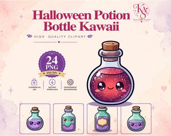 May include: A digital graphic set titled Halloween Potion Bottle Kawaii featuring a large central potion bottle with a cork stopper and a red sparkling liquid with a smiling face. Four smaller potion bottle illustrations are displayed below.