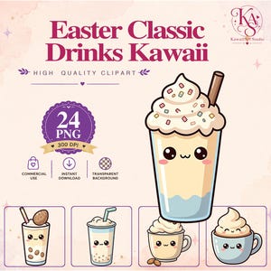 Può includere: Un set grafico digitale intitolato Easter Classic Drinks Kawaii che presenta una grande illustrazione di una bevanda con panna e un volto sorridente, insieme a quattro icone di bevande più piccole, il tutto in una palette di colori pastello.